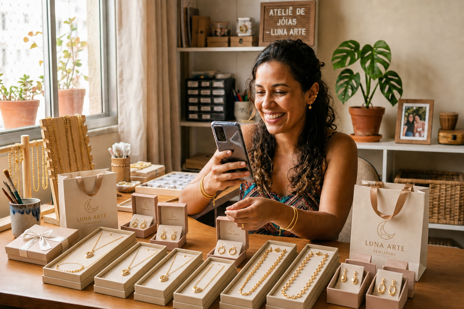 Mulher empreendedora sorrindo usando semijoias